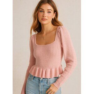 NWT Nectar Clothing Peplum Sweater Top  Pastel Pink Crop Square Neck M Coquette